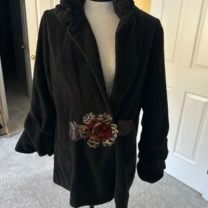 Chic Black Teddy Jacket with Floral Detail